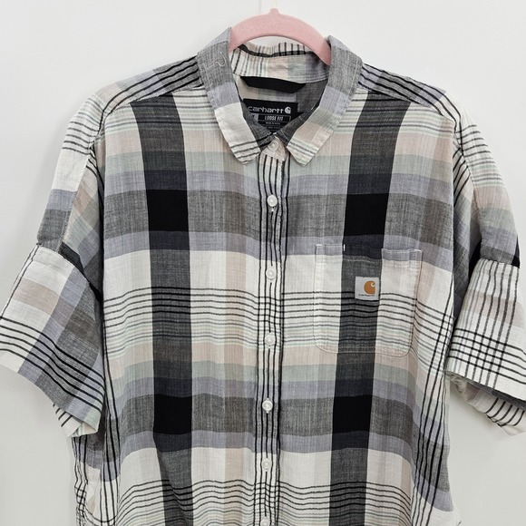 Carhartt Shirt Womens 1X Plaid Button Up Short Sleeve Loose Fit Workwear Top - Picture 2 of 11